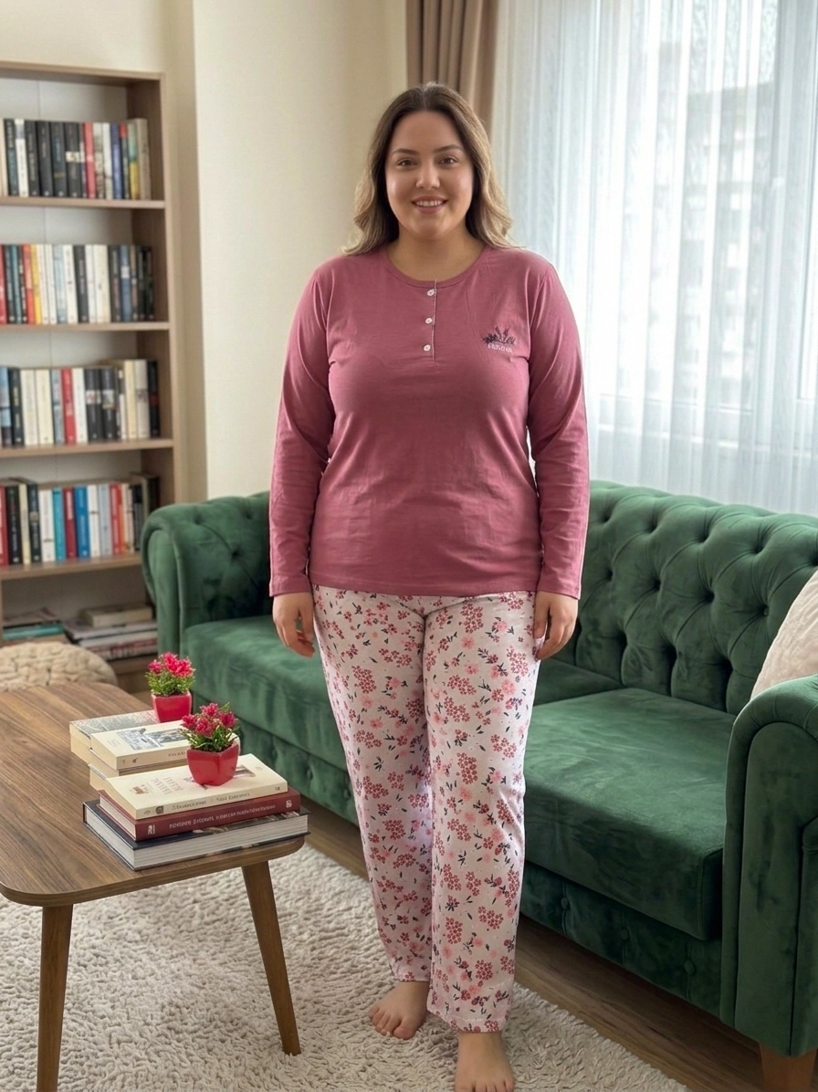 Büyük Beden Düğmeli Uzun Kollu Çiçek Desen Yazlık Kadın Pijama  135