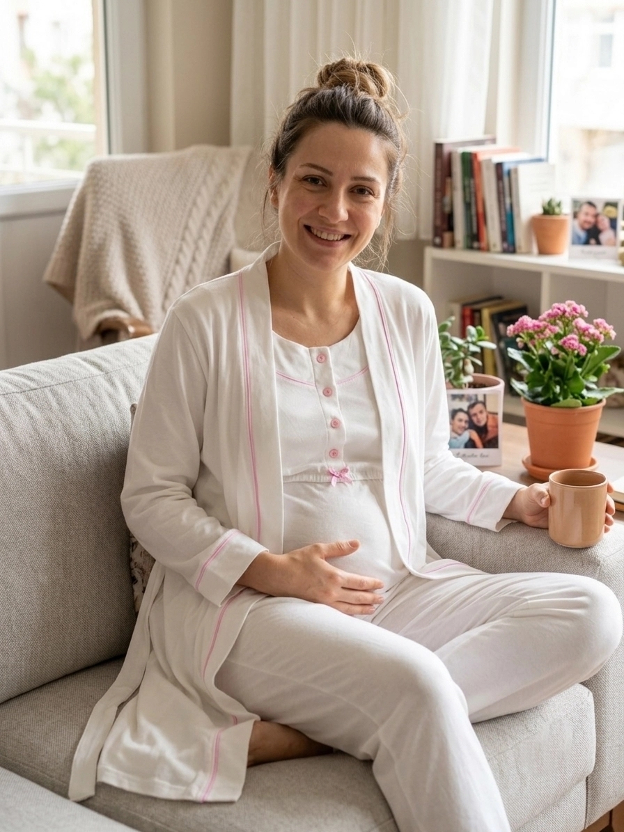 %100 PAMUK Sabahlıklı KISA Kollu LOHUSA PİJAMA TAKIM - 2080  EKRU