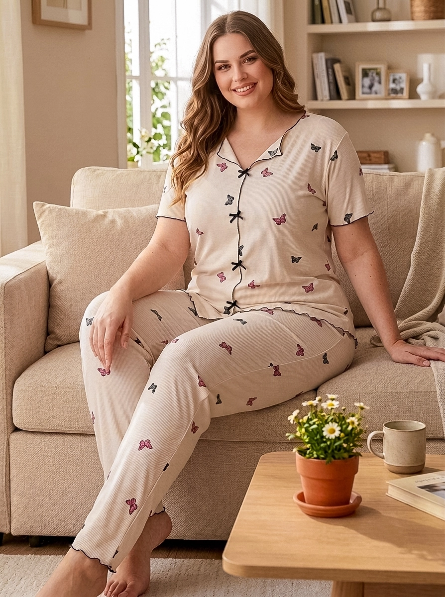 Büyük Beden FULL LİKRALI Ekstra Yumuşak Kısa Kollu Kadın Pijama  -2097