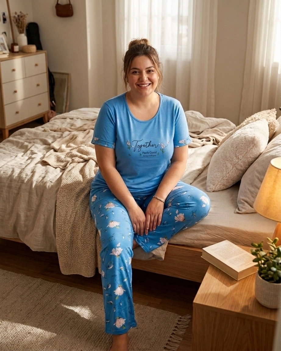 Büyük Beden KISA Kollu Çiçek Desen Kadın Pijama  7340