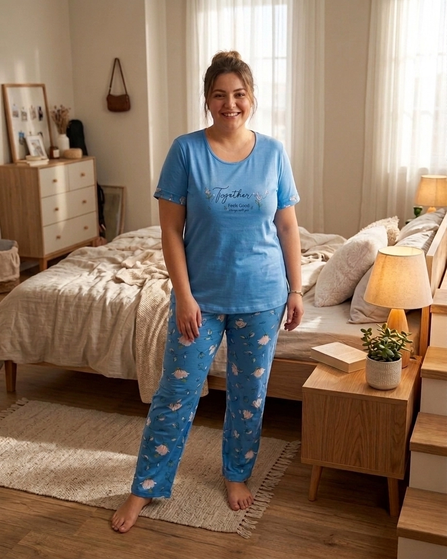 Büyük Beden KISA Kollu Çiçek Desen Kadın Pijama  7340