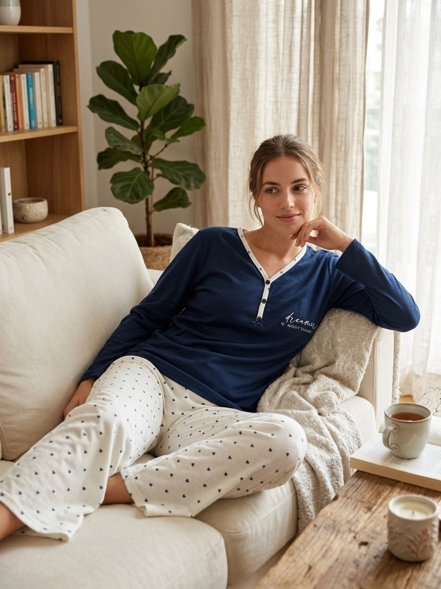 LİKRALI KIŞLIK YUMUŞAK DOKULU KALP DESEN Kadın Pijama Takımı - 149