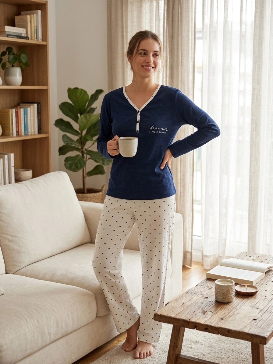 LİKRALI KIŞLIK YUMUŞAK DOKULU KALP DESEN Kadın Pijama Takımı - 149