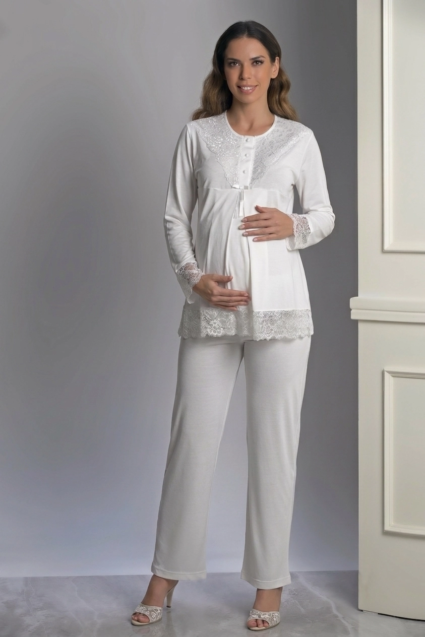 Uzun Kollu Yumuşak Dantel Detaylı  Sabahlıklı Lohusa Pijama Takımı - 4022