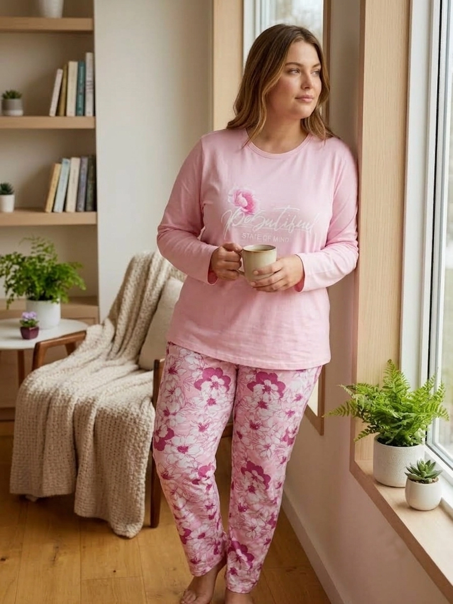 1. KALİTE FULL LİKRALI PAMUK Büyük Uzun Kollu Çiçek Desen Kadın Pijama  403