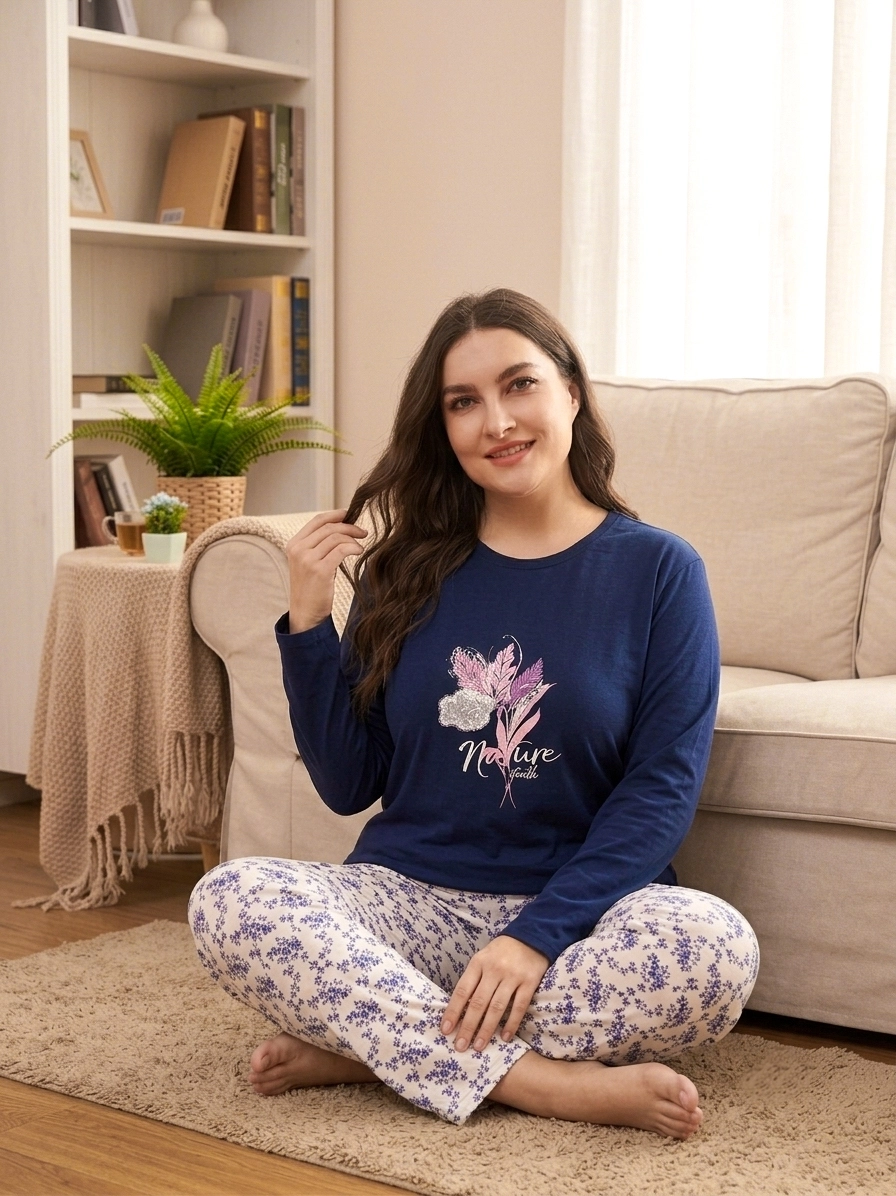1. KALİTE FULL LİKRALI PAMUK Büyük Uzun Kollu Çiçek Desen Kadın Pijama  407