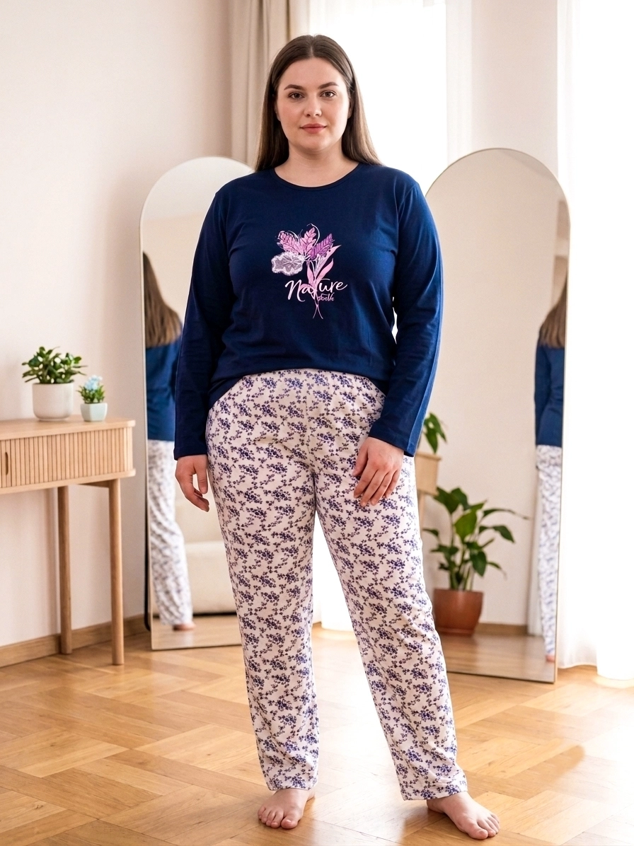 1. KALİTE FULL LİKRALI PAMUK Büyük Uzun Kollu Çiçek Desen Kadın Pijama  407