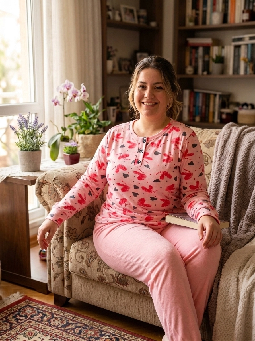 KIŞLIK YUMUŞACIK ESNEK Büyük Uzun Kollu Kalp Desen Kadın Pijama  10624