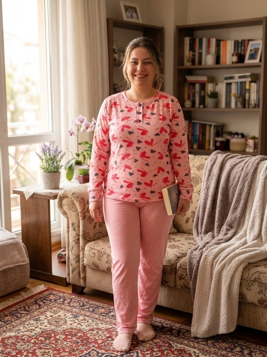 KIŞLIK YUMUŞACIK ESNEK Büyük Uzun Kollu Kalp Desen Kadın Pijama  10624