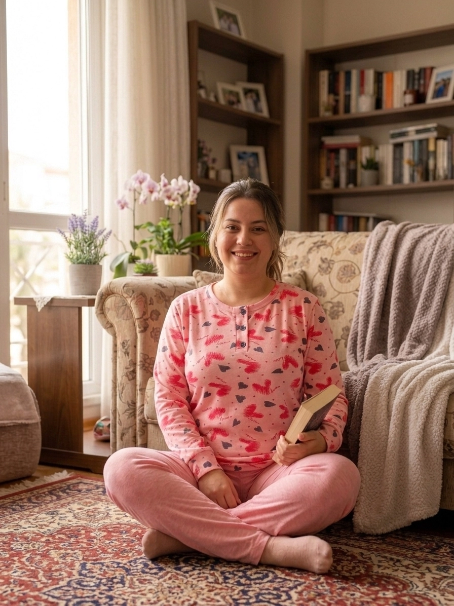 KIŞLIK YUMUŞACIK ESNEK Büyük Uzun Kollu Kalp Desen Kadın Pijama  10624