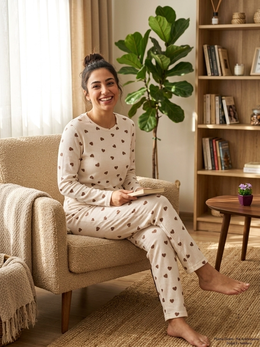 Kışlık Yumuşak Raporlu Kahve Kalp Desenli Kadın Pijama Takımı - 5069