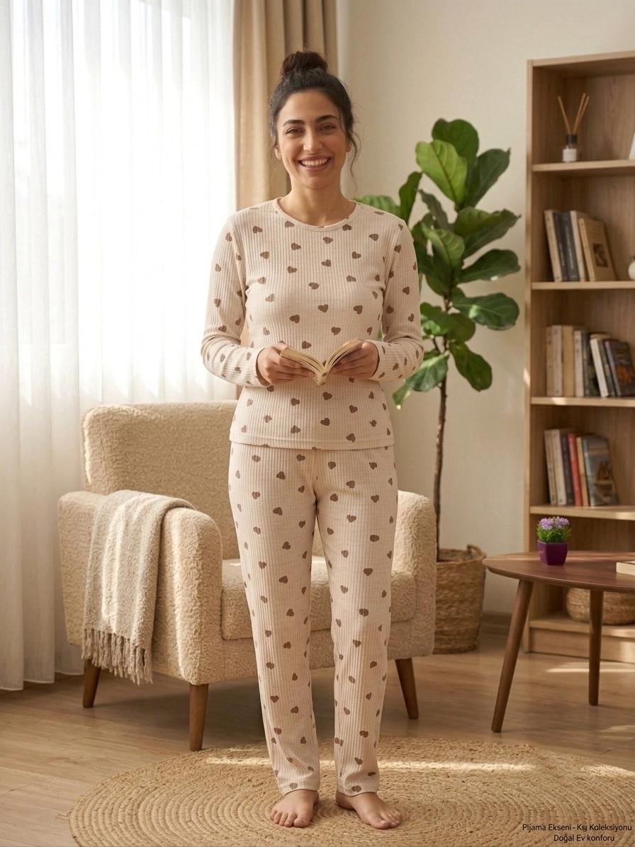 Kışlık Yumuşak Raporlu Kahve Kalp Desenli Kadın Pijama Takımı - 5069