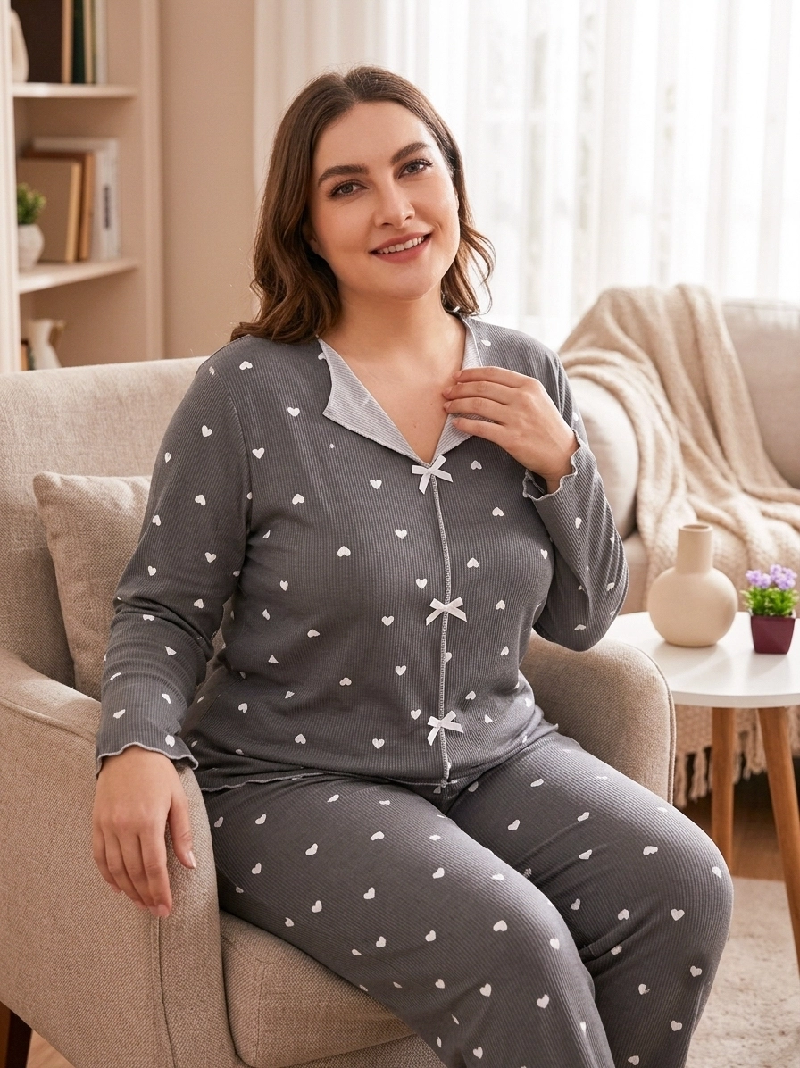 1. KALİTE FULL LİKRALI PAMUK KAŞKORSE Büyük BEDEN Uzun Kollu Kalp Desen Kadın Pijama  2067