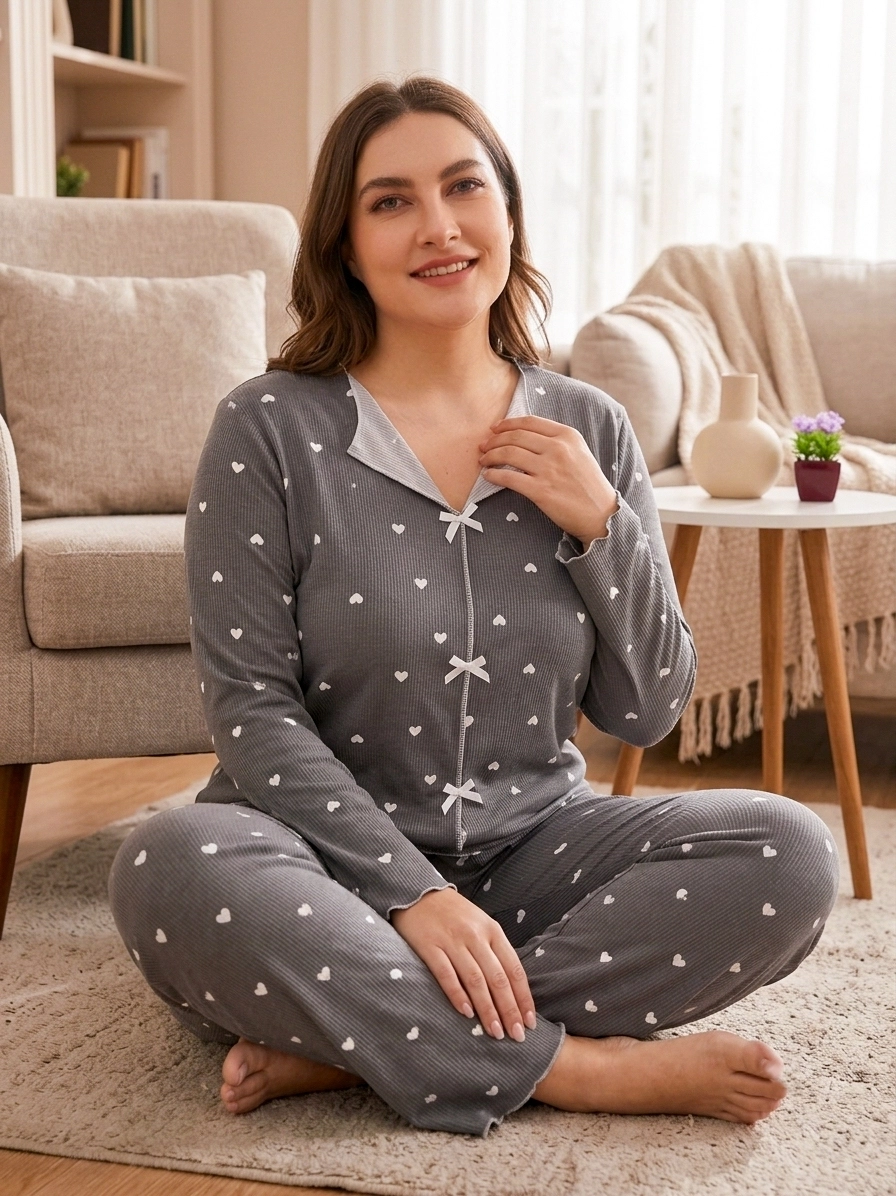 1. KALİTE FULL LİKRALI PAMUK KAŞKORSE Büyük BEDEN Uzun Kollu Kalp Desen Kadın Pijama  2067