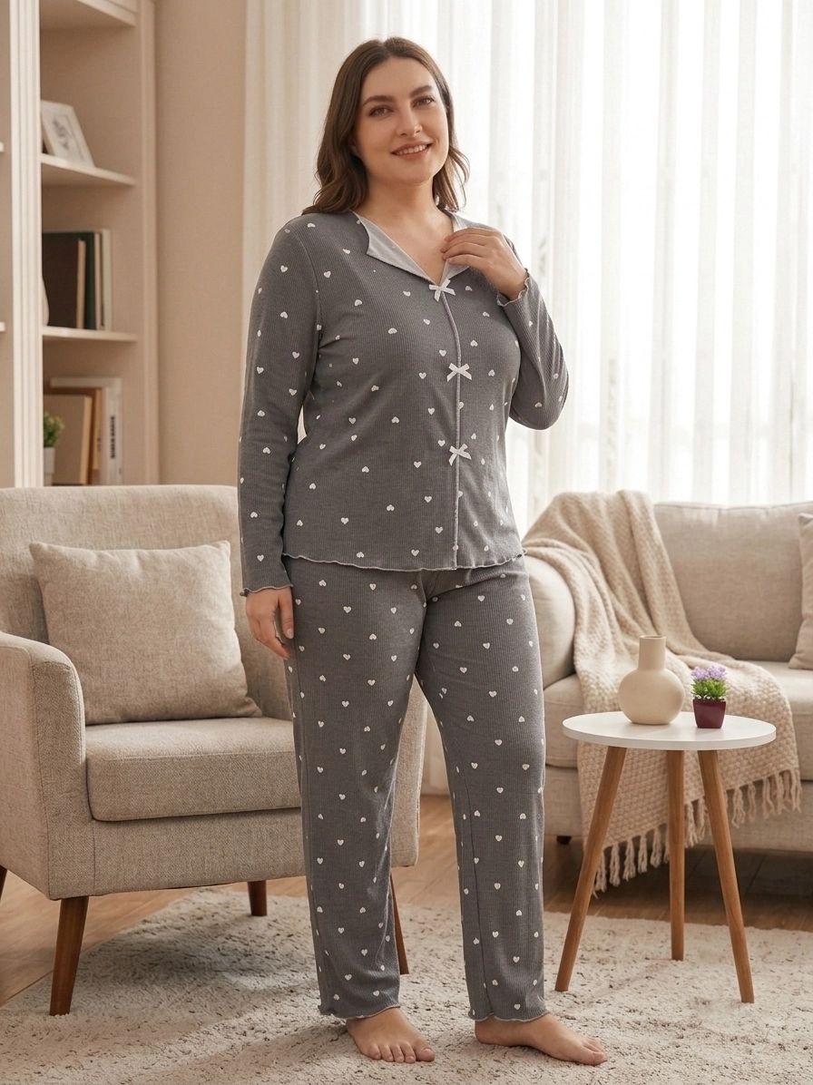 1. KALİTE FULL LİKRALI PAMUK KAŞKORSE Büyük BEDEN Uzun Kollu Kalp Desen Kadın Pijama  2067