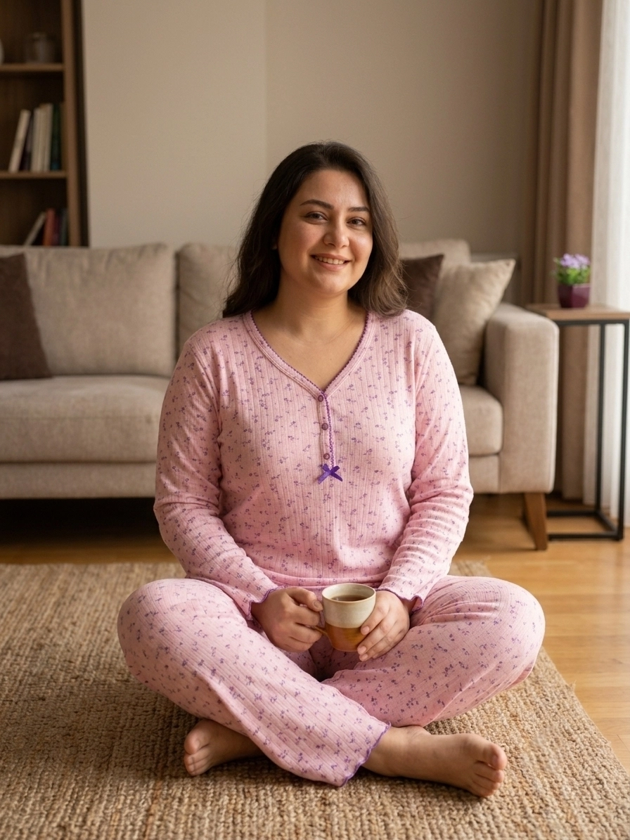 Kışlık Yumuşak Raporlu İnterlok Çiçek Desenli Büyük Beden Kadın Pijama Takımı - 2945