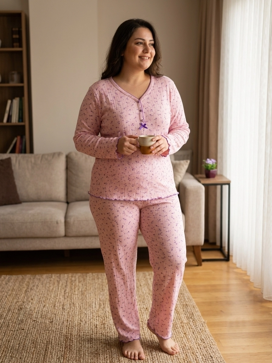 Kışlık Yumuşak Raporlu İnterlok Çiçek Desenli Büyük Beden Kadın Pijama Takımı - 2945