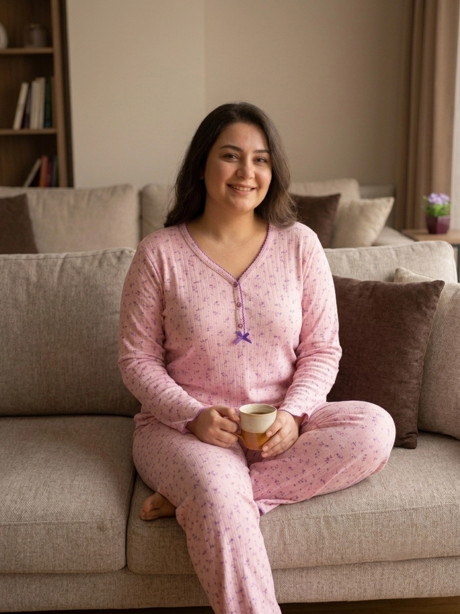 Kışlık Yumuşak Raporlu İnterlok Çiçek Desenli Büyük Beden Kadın Pijama Takımı - 2945
