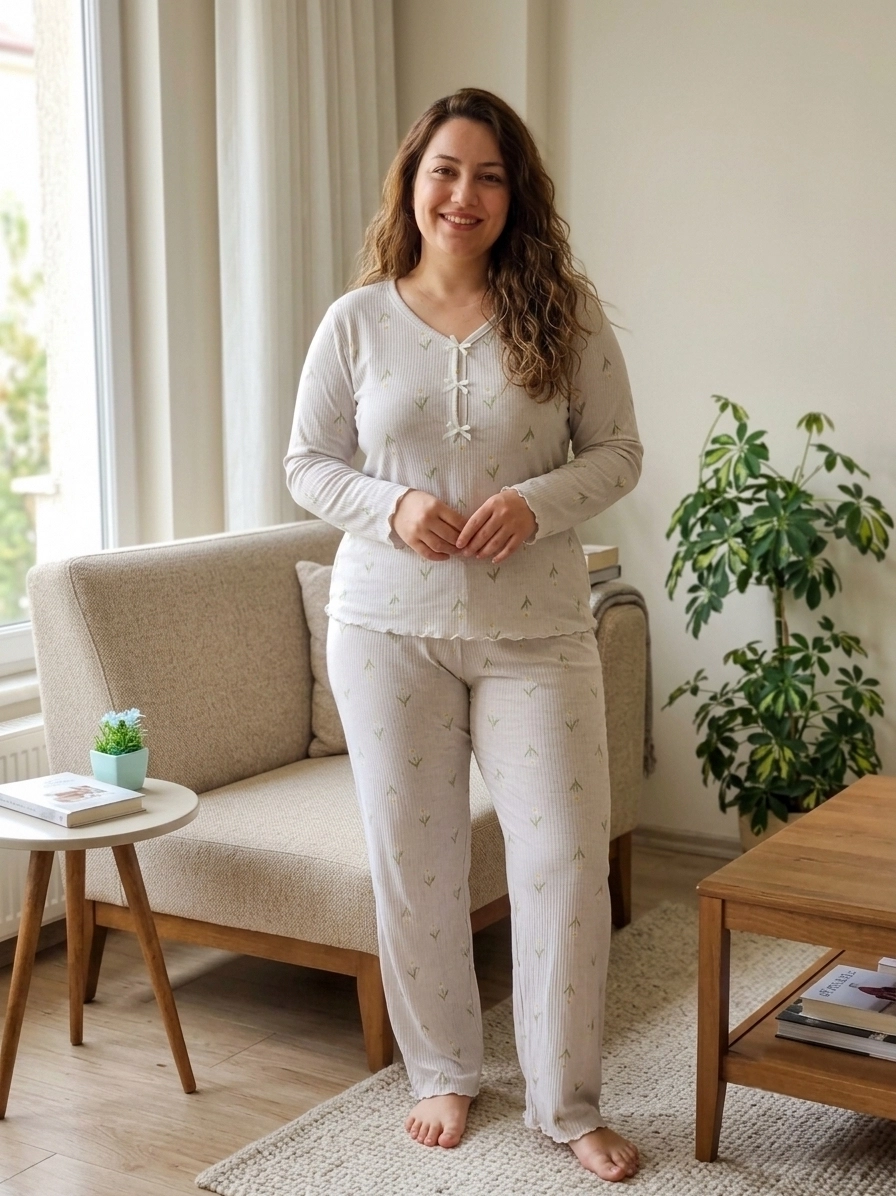 1. KALİTE FULL LİKRALI KAŞKORSE Büyük BEDEN Uzun Kollu Çiçek Desen Kadın Pijama  3053