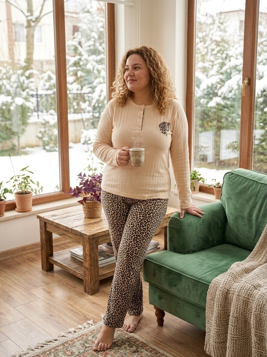 YUMUŞACIK Kışlık Yumuşak Raporlu İnterlok Leopar Desenli Nakışlı  Büyük Beden Kadın Pijama Takımı - 2710