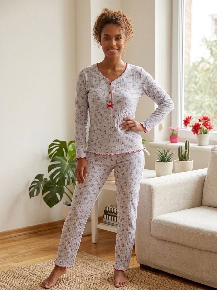 Kışlık Yumuşacık Esnek Raporlu İnterlok Çiçek Desenli Kadın Pijama Takımı - 2625