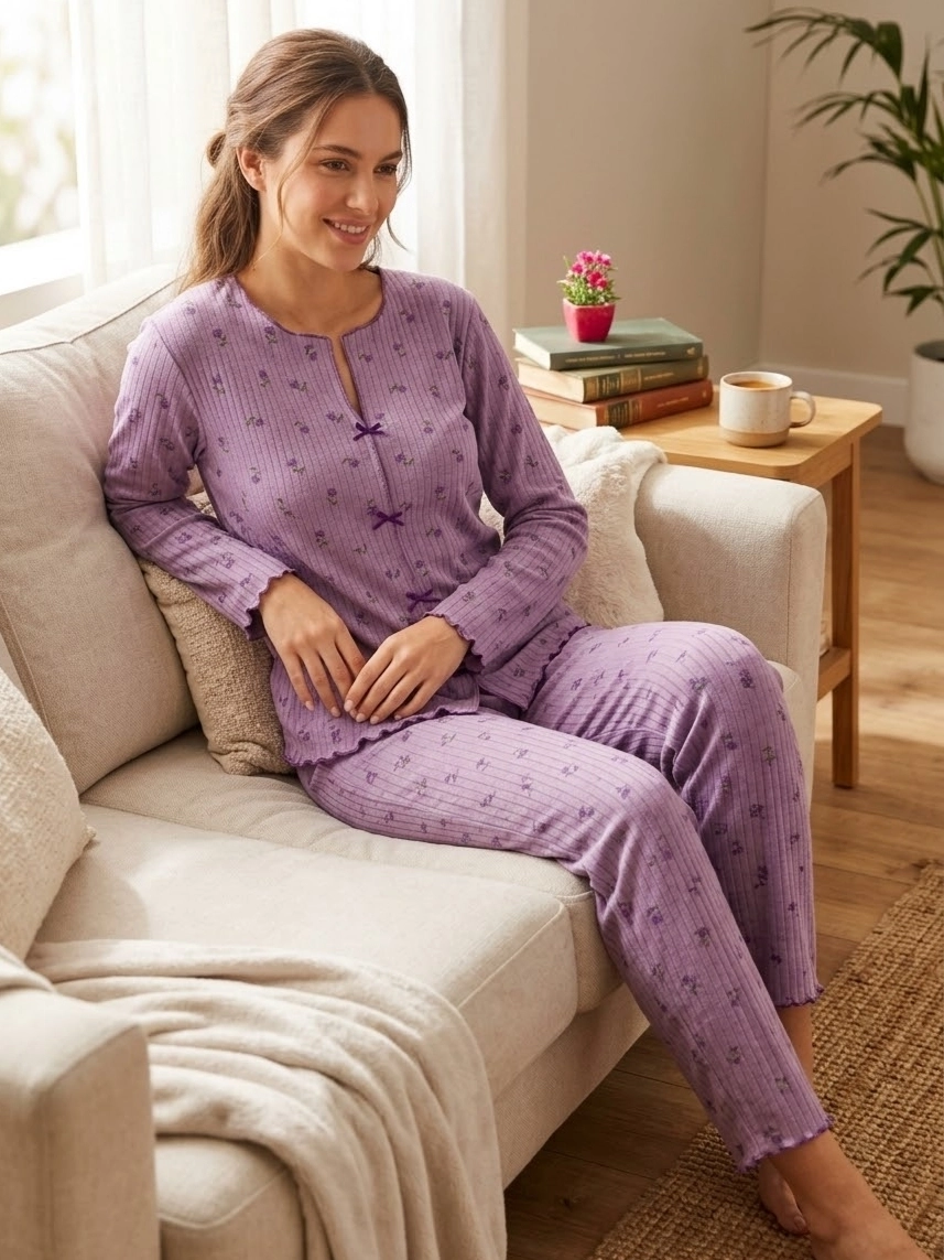 Kışlık Raporlu İnterlok Çiçek Desenli Kadın Pijama Takımı - 2678