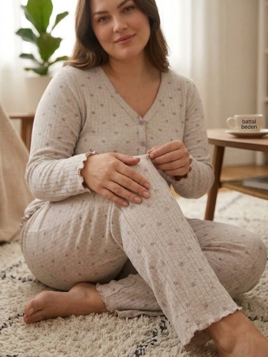 Kışlık Yumuşak Raporlu İnterlok Çiçek Desenli Büyük Beden Kadın Pijama Takımı - 2953
