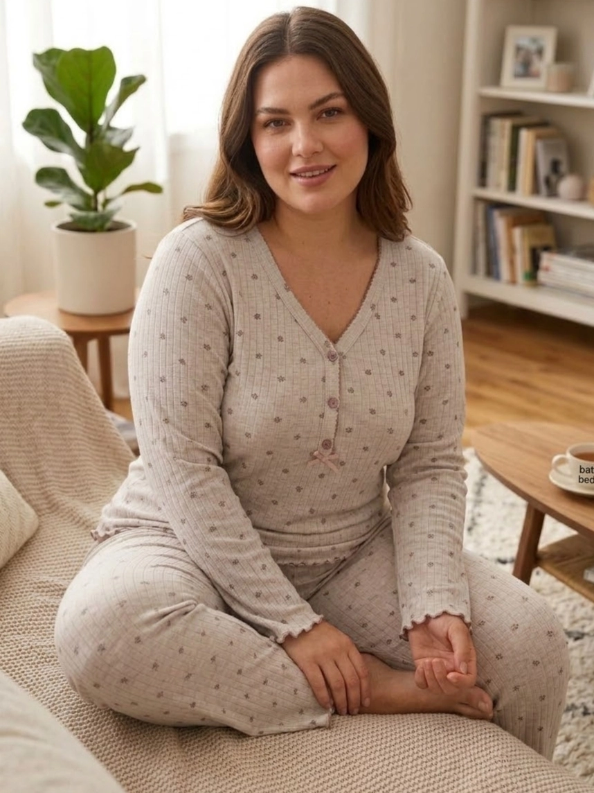 Kışlık Yumuşak Raporlu İnterlok Çiçek Desenli Büyük Beden Kadın Pijama Takımı - 2953