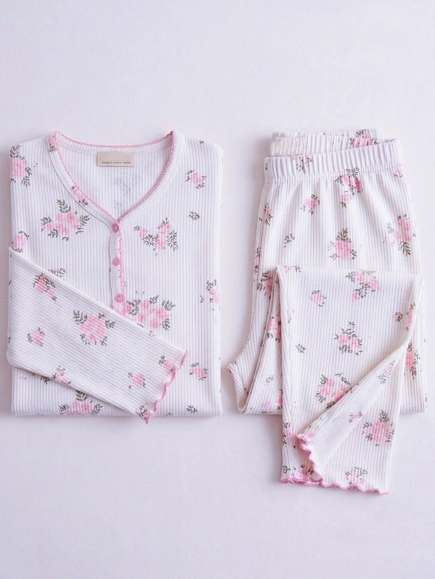 1. KALİTE FULL LİKRALI KAŞKORSE Büyük BEDEN Uzun Kollu Çiçek Desen Kadın Pijama  2986