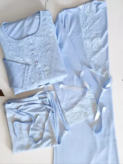 mavi şık dantel detay sabahlıklı lohusa pijama  irl