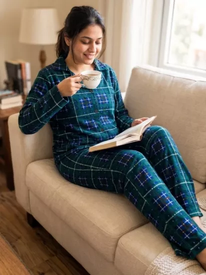 Süet Boydan Düğmeli Bayan Pijama Takımı