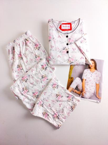 Likralı Çiçek Desen Bayan Pijama Takımı