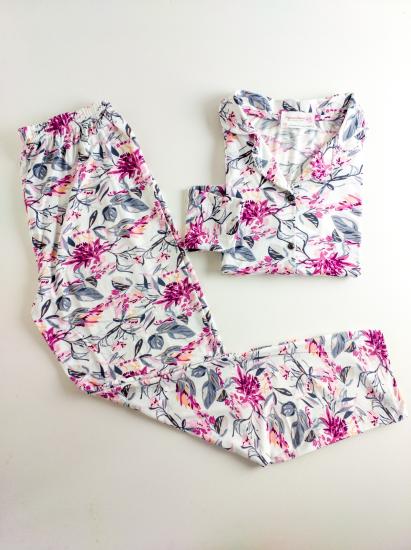 Likralı Çiçek Desen Bayan Pijama Takımı