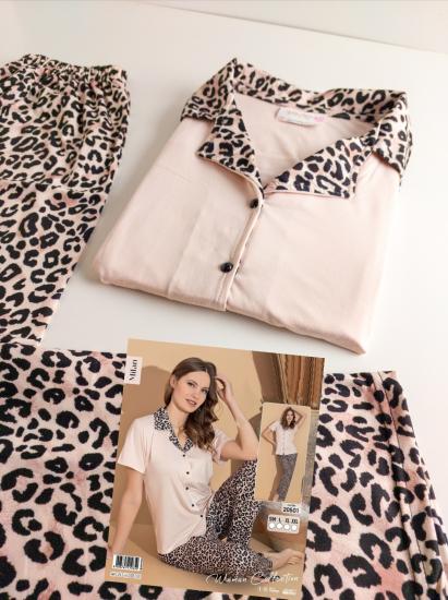 Leopar Desen boydan düğmeli kadın pijama