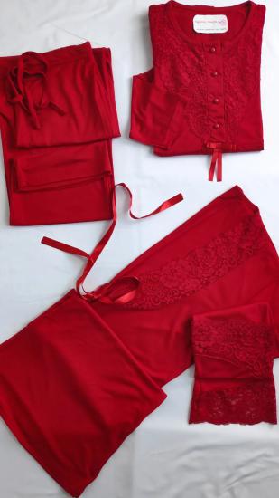 kırmızı şık dantel detay sabahlıklı lohusa pijama 