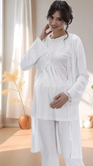 ekru şık dantel detay sabahlıklı lohusa pijama