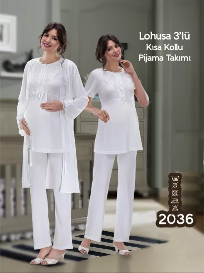 ekru şık dantel detay sabahlıklı lohusa pijama