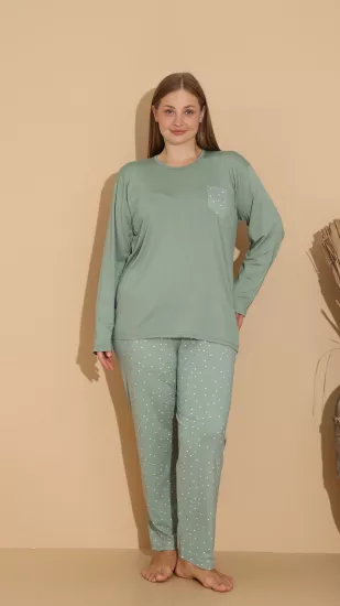 Büyük Beden LİKRALI UZUN Kollu Kadın Pijama Takımı 