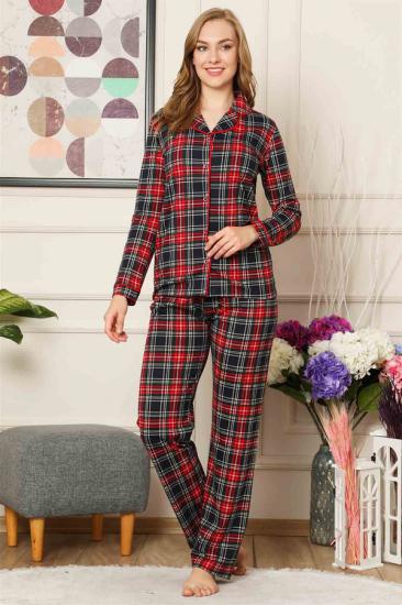 2523 Uzun Kollu Ekose Desen Bayan Pijama Takımı