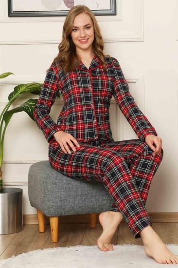 2523 Uzun Kollu Ekose Desen Bayan Pijama Takımı