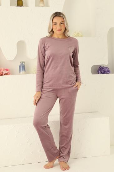 İPEKSİ KADİFE FULL LİKRALI Kışlık Bayan Pijama Takımı -2598 Pudra
