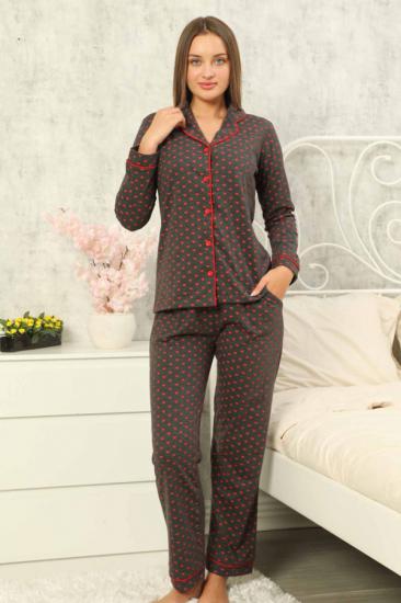Puantiye Desen Uzun Kollu Pamuk Bayan Pijama Takımı -2609