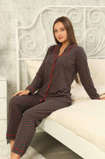 Puantiye Desen Uzun Kollu Pamuk Bayan Pijama Takımı -2609