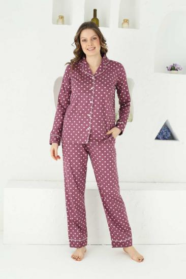 Pamuk Uzun Kollu Puantiye Desen Boydan Düğmeli Bayan Pijama Takımı 2685