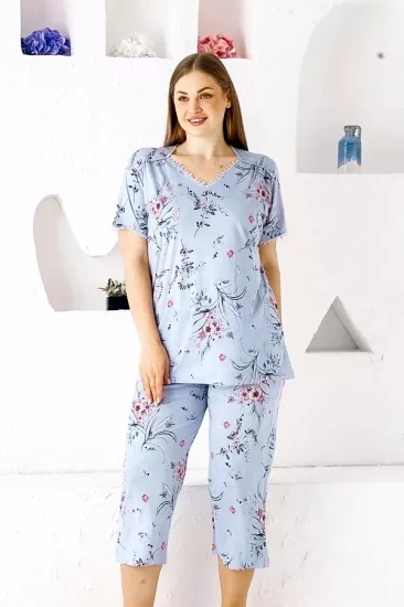Büyük Beden Çiçek Desen Kapri Bayan Pijama Takımı Mavi 2704