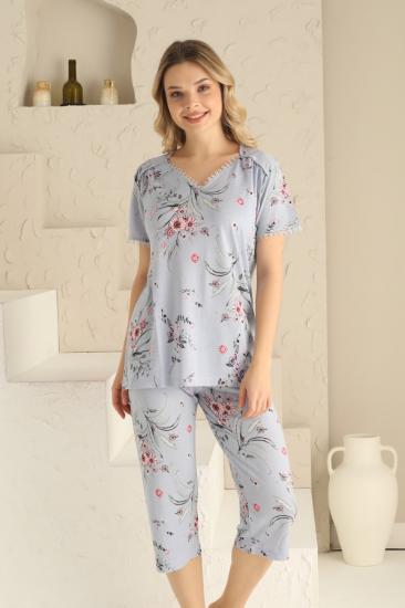 Çiçek Desen Kapri Bayan Pijama Takımı Mavi 2704