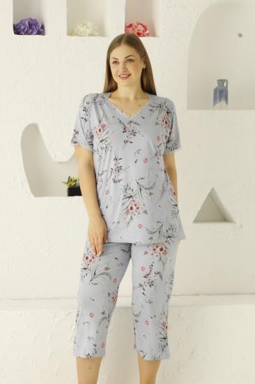 Büyük Beden Çiçek Desen Kapri Bayan Pijama Takımı Mavi 2704