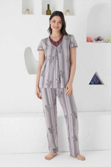 Likralı Dantel Detay Gri Bayan Pijama Takımı