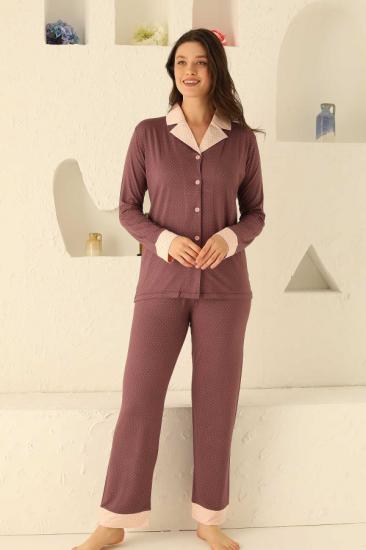 Uzun Kollu Küçük Puantiye  Desenli Bayan Pijama Takımı - 2716UY-Mor