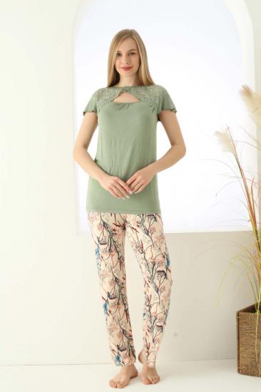 Full Likralı Kısa Kollu Çiçek Desen Dantel Detay Bayan Pijama Takımı